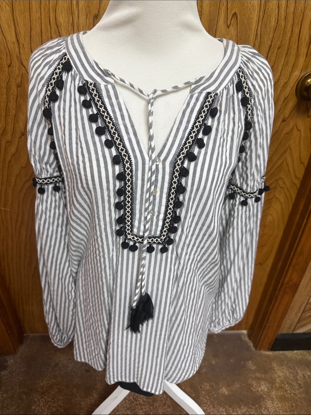 Striped Black & White Pom-Pom Peasant Tunic